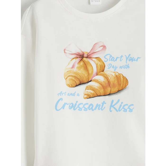 LCW Kids Ekru Bisiklet Yaka Baskılı Kız Çocuk Pijama Takımı