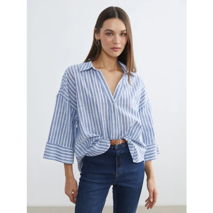 LCW Vision Mavi Çizgili Oversize Poplin Kadın Gömlek