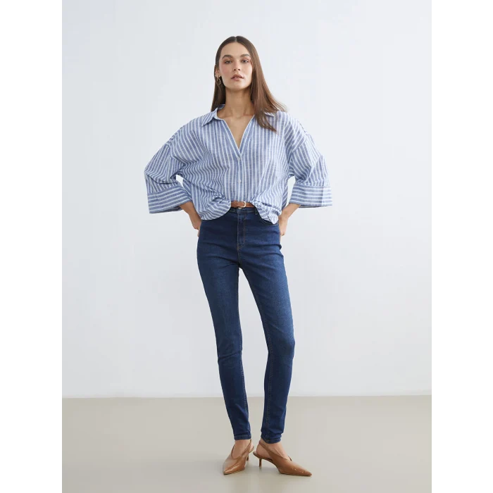 LCW Vision Mavi Çizgili Oversize Poplin Kadın Gömlek