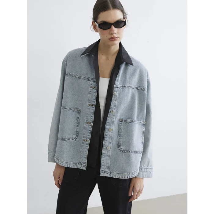 LCWAIKIKI Classic İndigo Gömlek Yaka Oversize Kadın Jean Ceket