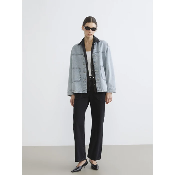 LCWAIKIKI Classic İndigo Gömlek Yaka Oversize Kadın Jean Ceket