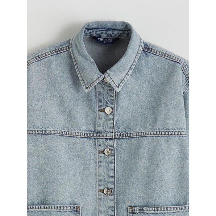 LCWAIKIKI Classic İndigo Gömlek Yaka Oversize Kadın Jean Ceket
