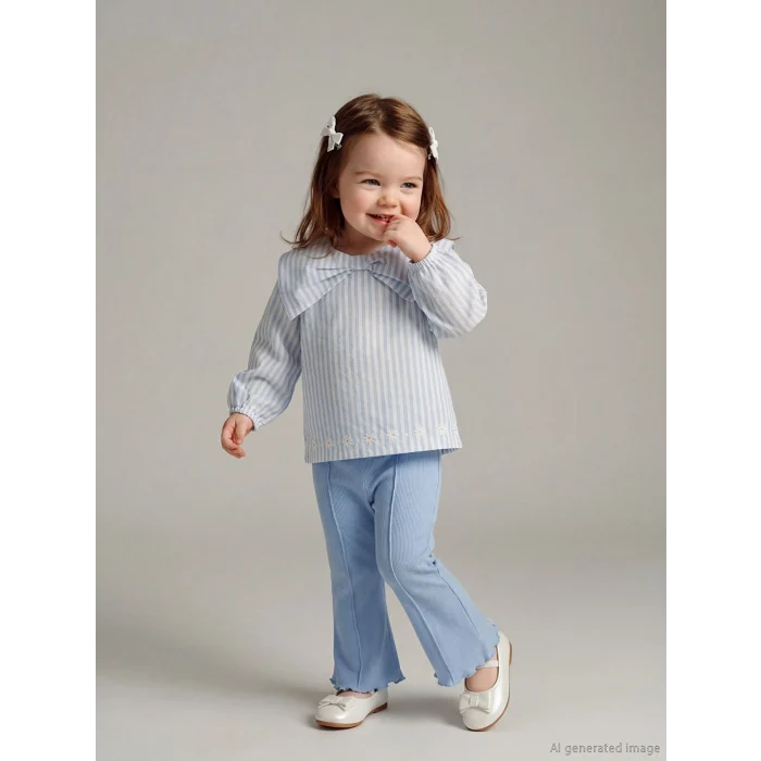 LCW baby Ekru Fiyonk Yaka Detaylı Çizgili Kız Bebek Bluz ve Tayt