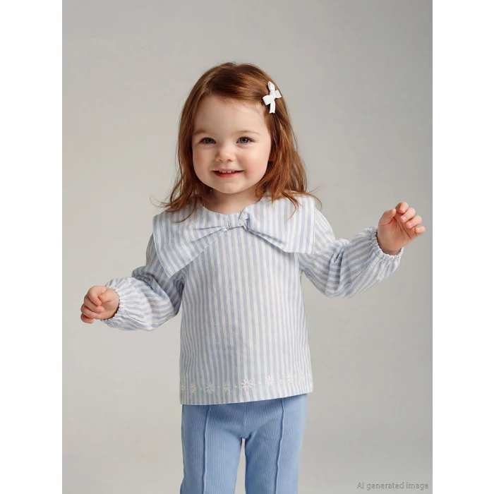 LCW baby Ekru Fiyonk Yaka Detaylı Çizgili Kız Bebek Bluz ve Tayt