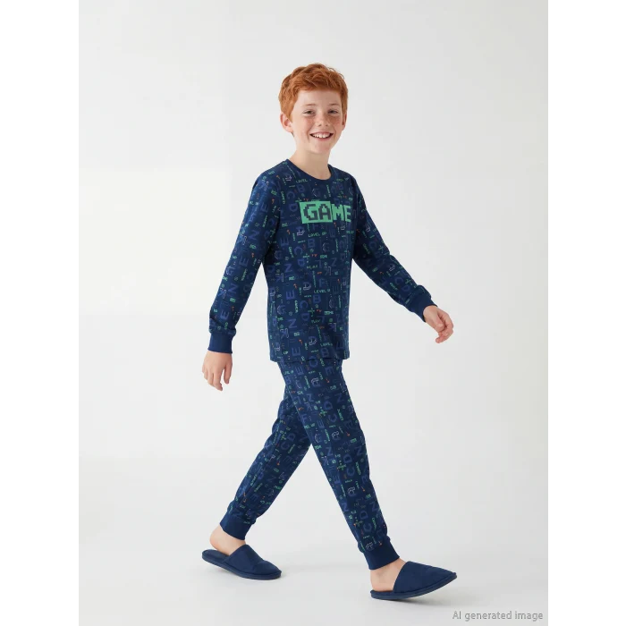 LCW Kids Lacivert Baskılı Bisiklet Yaka Erkek Çocuk Pijama Takımı