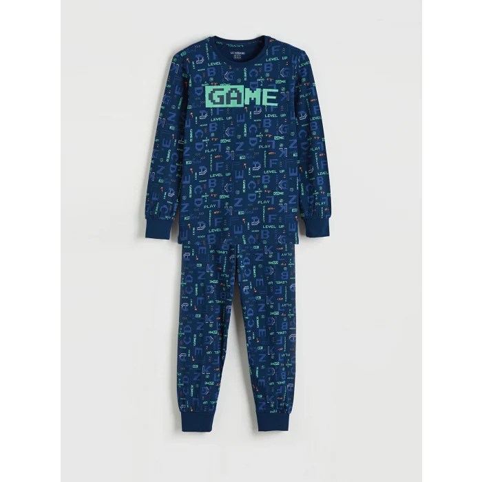 LCW Kids Lacivert Baskılı Bisiklet Yaka Erkek Çocuk Pijama Takımı