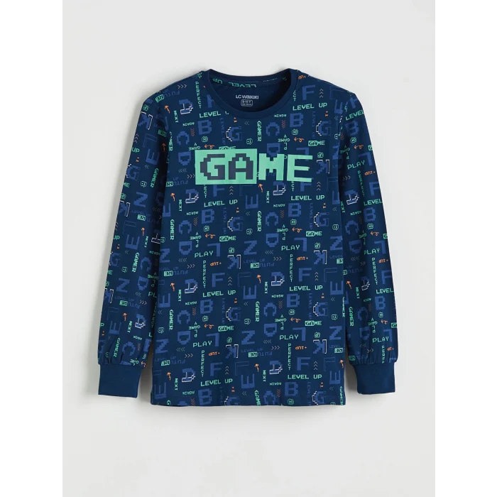 LCW Kids Lacivert Baskılı Bisiklet Yaka Erkek Çocuk Pijama Takımı