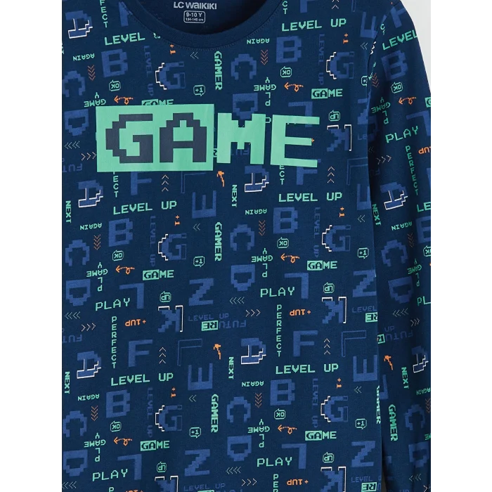 LCW Kids Lacivert Baskılı Bisiklet Yaka Erkek Çocuk Pijama Takımı