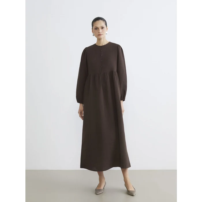 LCW Modest Kahverengi Bisiklet Yaka Balon Kollu Müslin Elbise