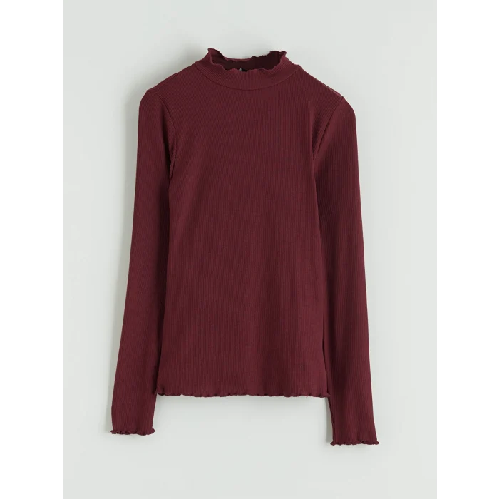 LCW Modest Bordo Fırfırlı Dik Yaka Kadın Body