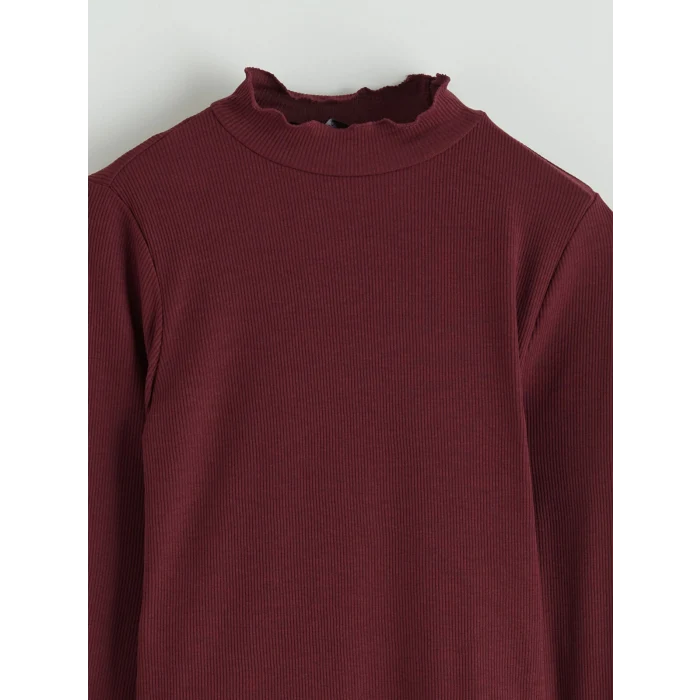 LCW Modest Bordo Fırfırlı Dik Yaka Kadın Body