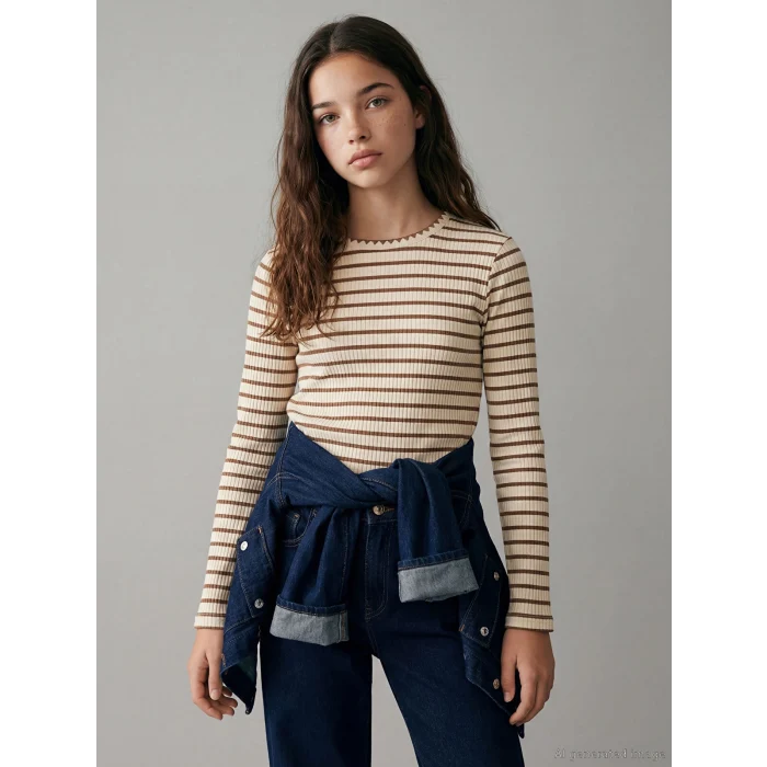 LCW Kids Bej Bisiklet Yaka Çizgili Kız Çocuk Tişört