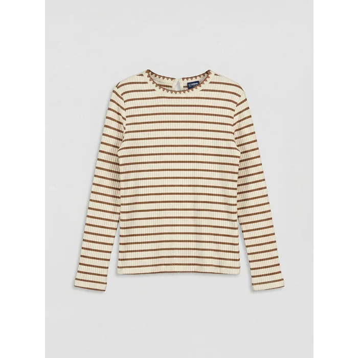 LCW Kids Bej Bisiklet Yaka Çizgili Kız Çocuk Tişört