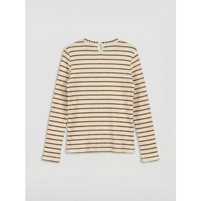 LCW Kids Bej Bisiklet Yaka Çizgili Kız Çocuk Tişört