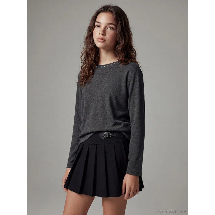 LCW Kids Gri Bisiklet Yaka Taşlı Kız Çocuk Tişört