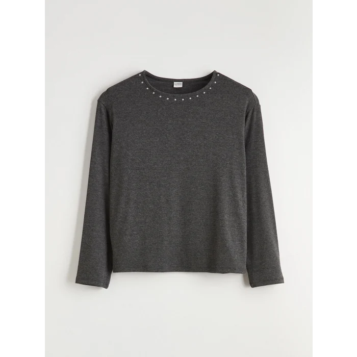 LCW Kids Gri Bisiklet Yaka Taşlı Kız Çocuk Tişört