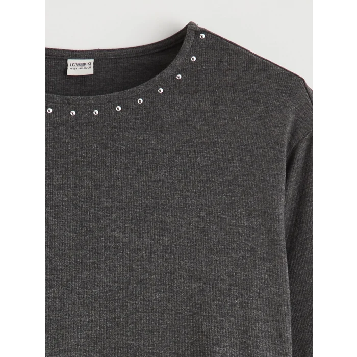 LCW Kids Gri Bisiklet Yaka Taşlı Kız Çocuk Tişört