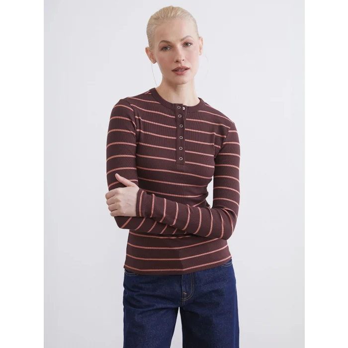 LCWAIKIKI Classic Kahverengi Bisiklet Yaka Çizgili Kadın Body