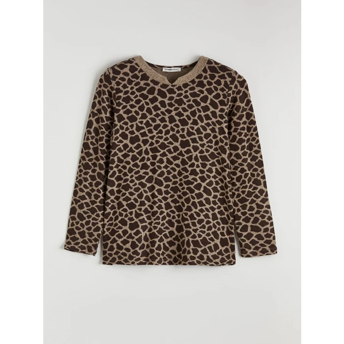 LCW Grace Bej Kaçık Yaka Leopar Desenli Kadın Tişört