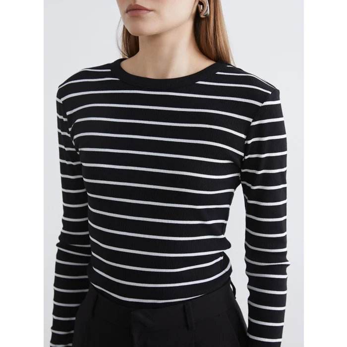 LCWAIKIKI Basic Siyah Bisiklet Yaka Çizgili Kadın Body