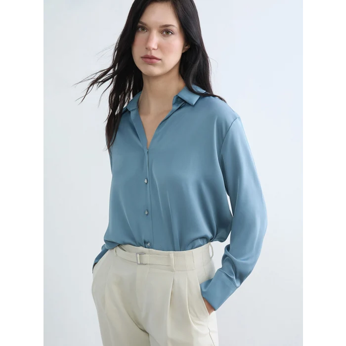 LCWAIKIKI Classic Petrol Saten Kadın Gömlek