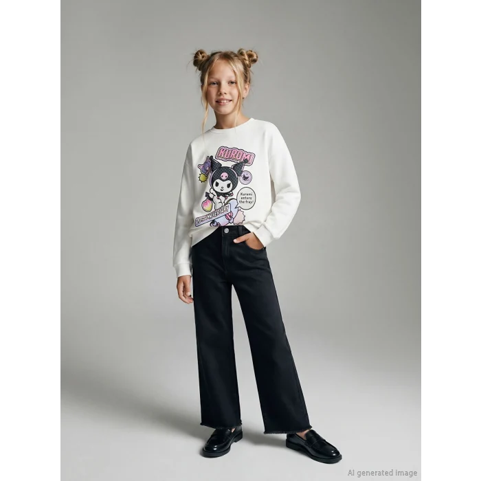 LCW Kids Siyah Wideleg Kız Çocuk Jean Pantolon