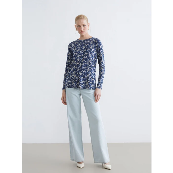 LCW Grace Lacivert Bisiklet Yaka Desenli Bluz