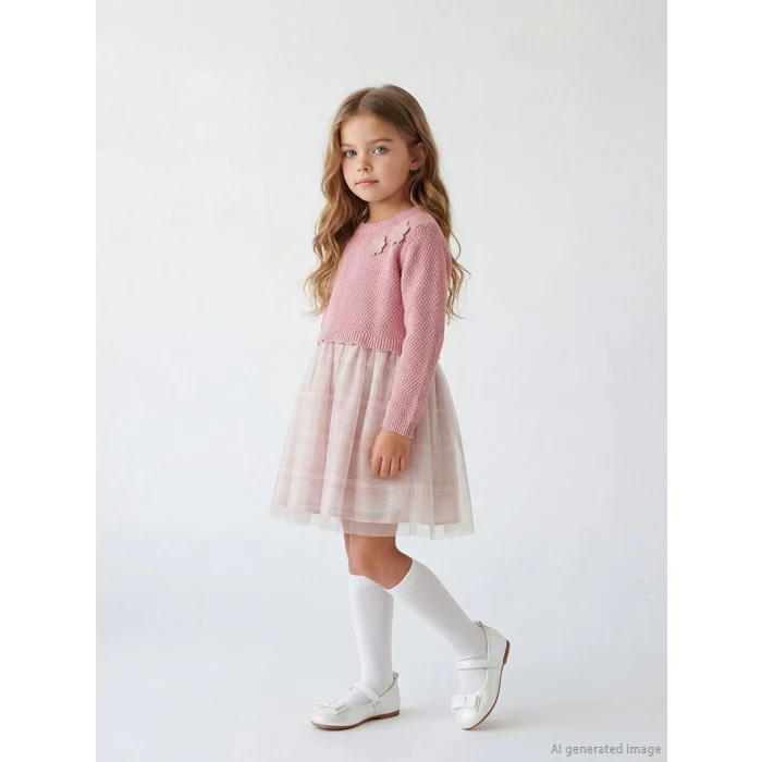 LCW Kids Pembe Bisiklet Yaka Çiçekli Kız Çocuk Tütü Elbise