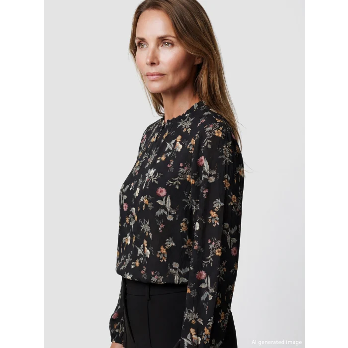 LCW Grace Siyah Fırfırlı Dik Yaka Çiçekli Bluz