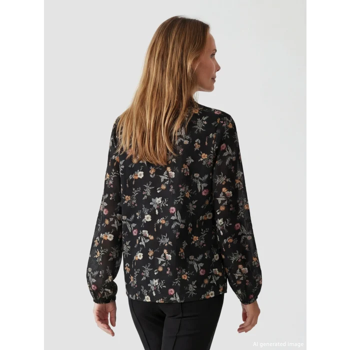 LCW Grace Siyah Fırfırlı Dik Yaka Çiçekli Bluz