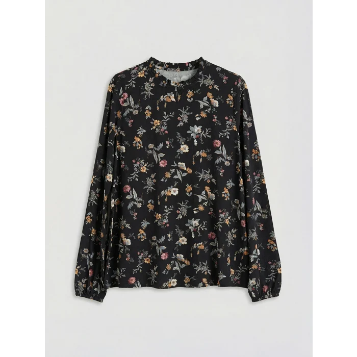 LCW Grace Siyah Fırfırlı Dik Yaka Çiçekli Bluz
