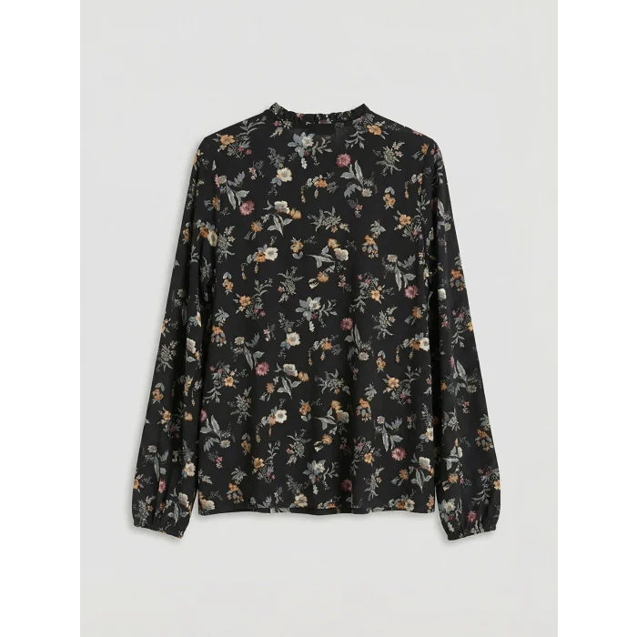 LCW Grace Siyah Fırfırlı Dik Yaka Çiçekli Bluz