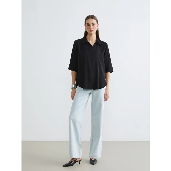 LCWAIKIKI Classic Siyah Gömlek Yaka Saten Bluz