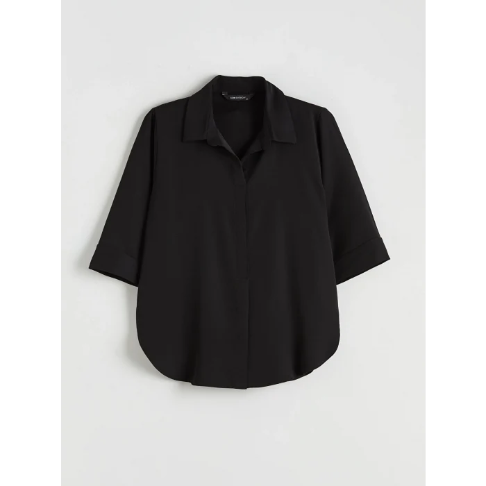 LCWAIKIKI Classic Siyah Gömlek Yaka Saten Bluz