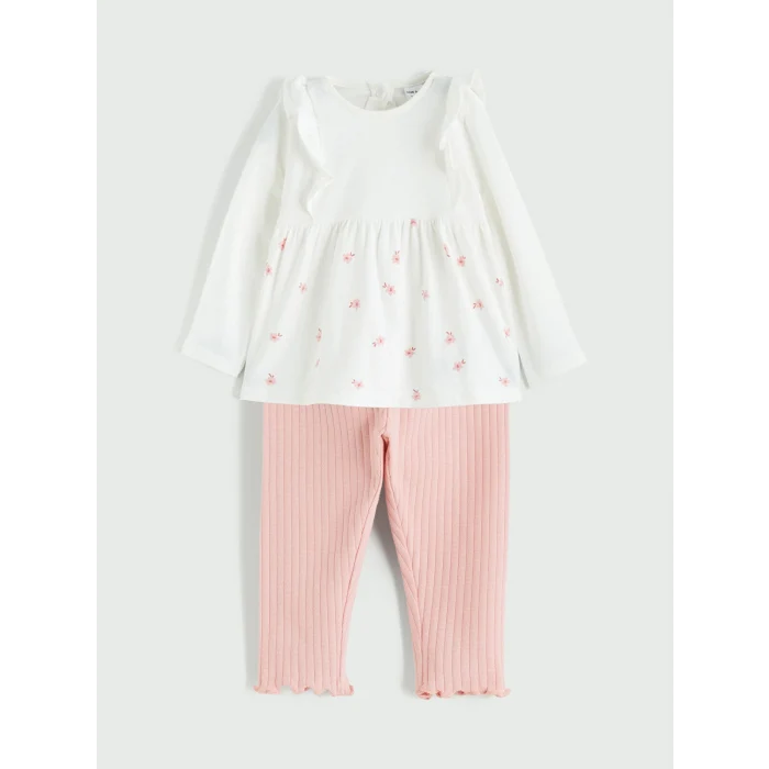 LCW baby Ekru Çiçekli Kız Bebek Bluz ve Tayt