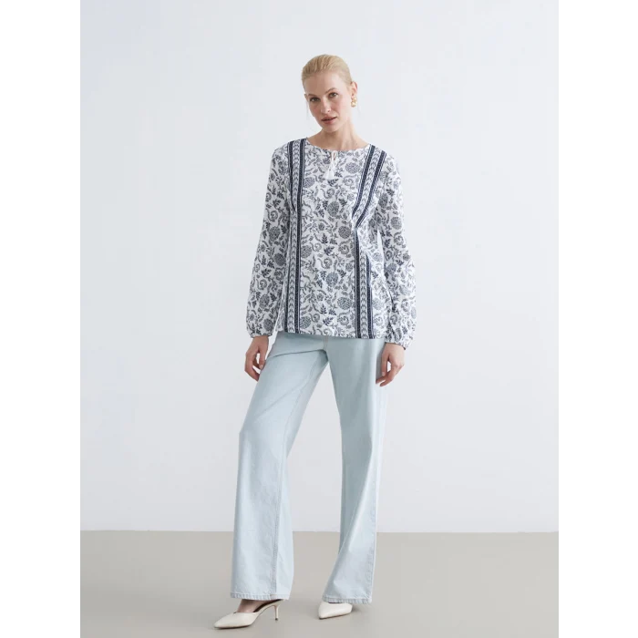 LCW Grace Ekru Bağlamalı Yaka Çiçekli Bluz