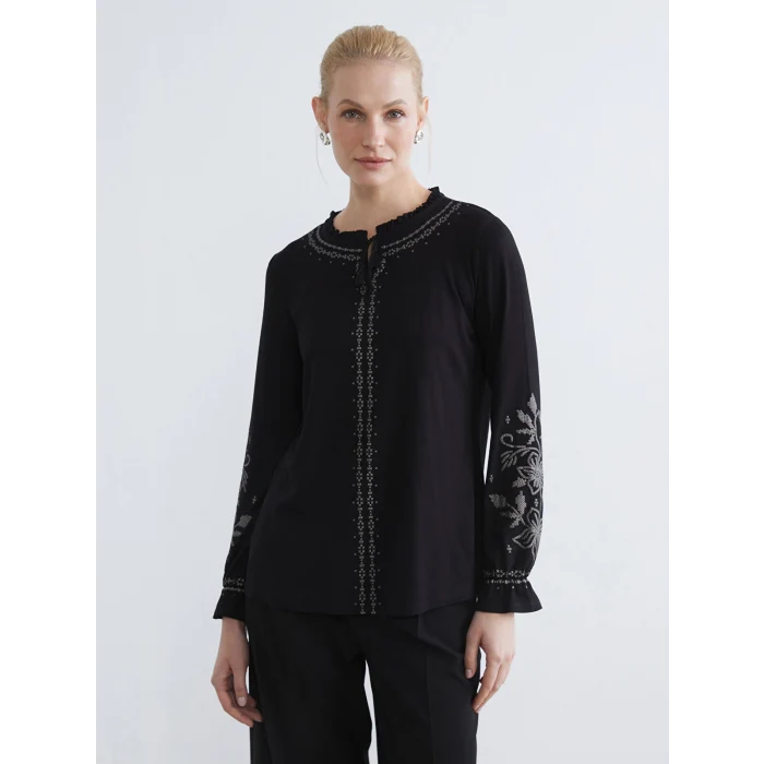 LCW Grace Siyah Bağlama Yaka Fırfırlı Desenli Bluz