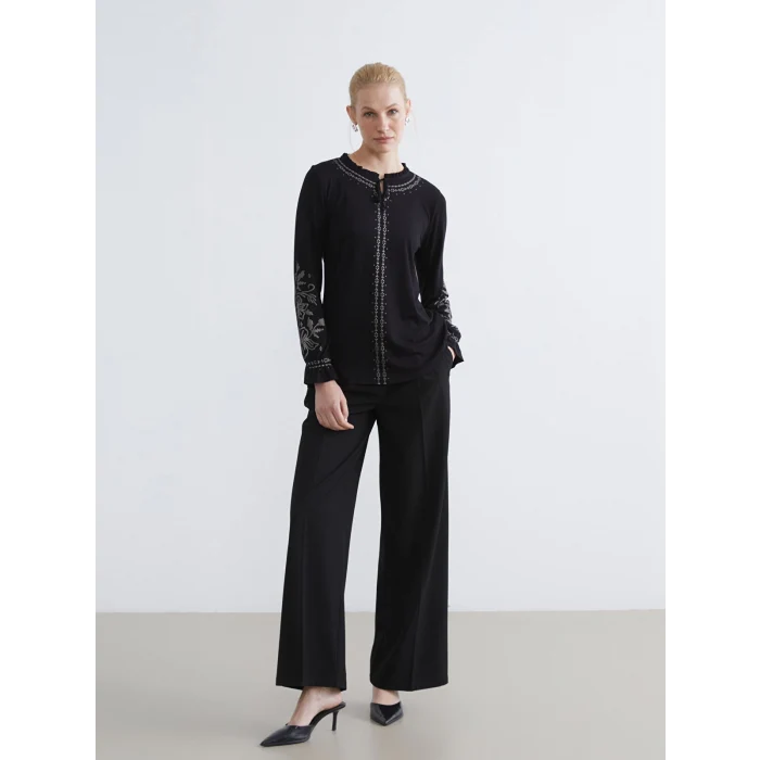 LCW Grace Siyah Bağlama Yaka Fırfırlı Desenli Bluz