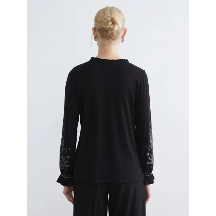 LCW Grace Siyah Bağlama Yaka Fırfırlı Desenli Bluz