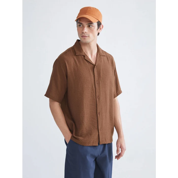 XSIDE Kahverengi Regular Fit Resort Yaka Kısa Kollu Erkek Gömlek