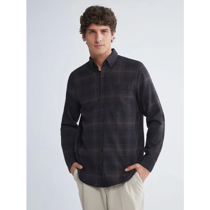 LCWAIKIKI Classic Bej Regular Fit Uzun Kollu Ekose Gabardin Erkek Gömlek