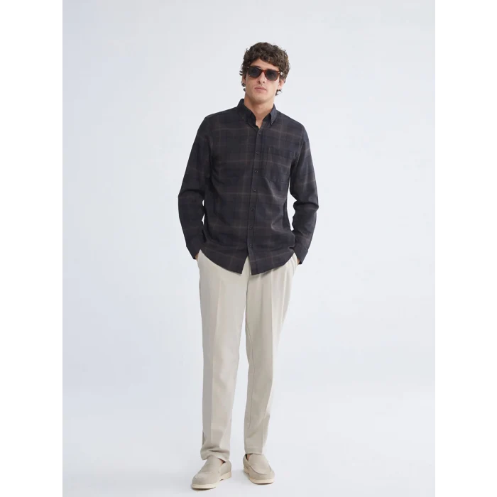 LCWAIKIKI Classic Bej Regular Fit Uzun Kollu Ekose Gabardin Erkek Gömlek