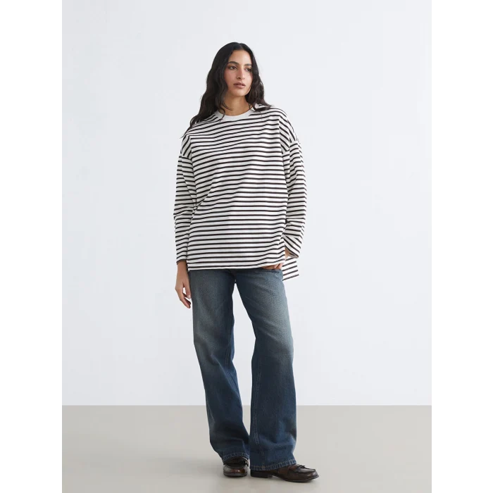 LCW Modest Kahverengi Çizgili Oversize Kadın Sweatshirt Tunik