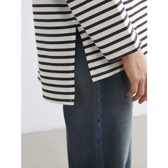 LCW Modest Kahverengi Çizgili Oversize Kadın Sweatshirt Tunik