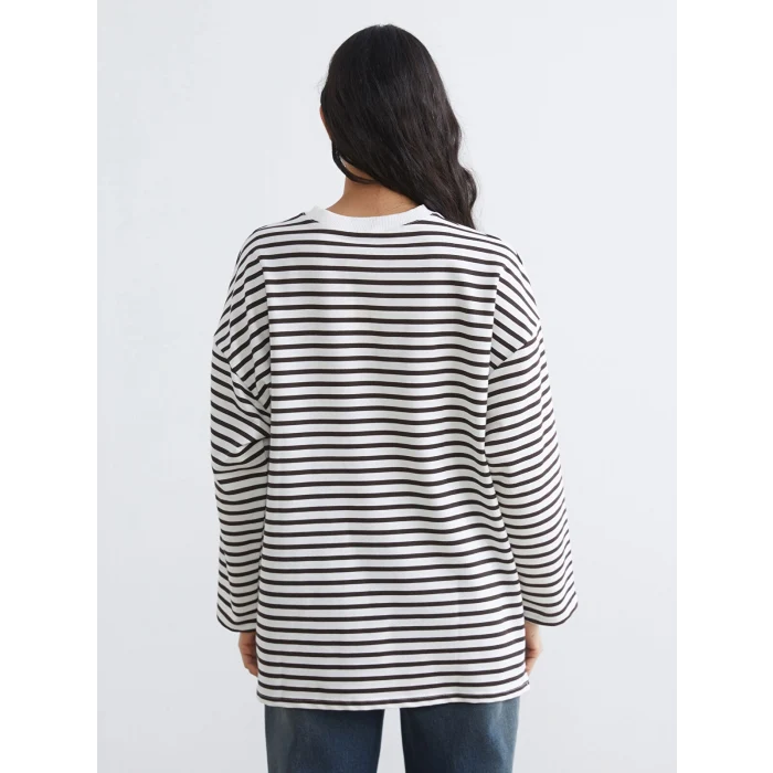 LCW Modest Kahverengi Çizgili Oversize Kadın Sweatshirt Tunik