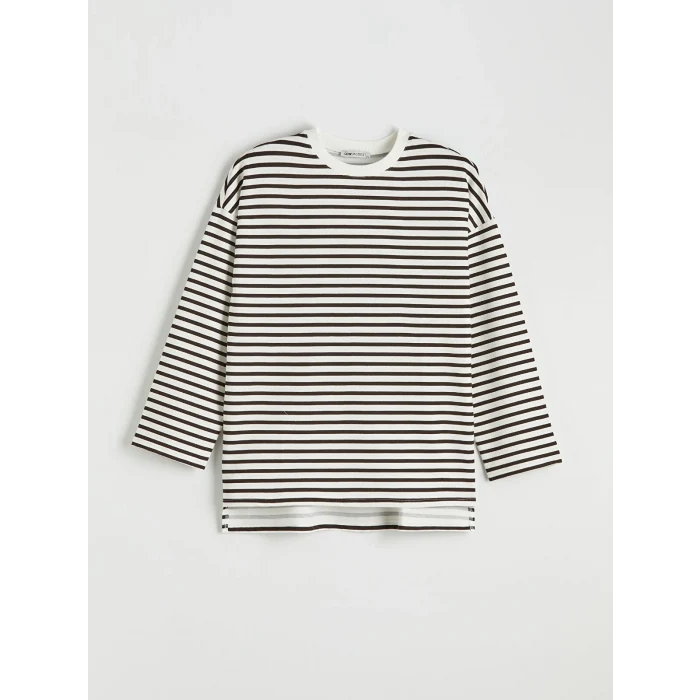 LCW Modest Kahverengi Çizgili Oversize Kadın Sweatshirt Tunik