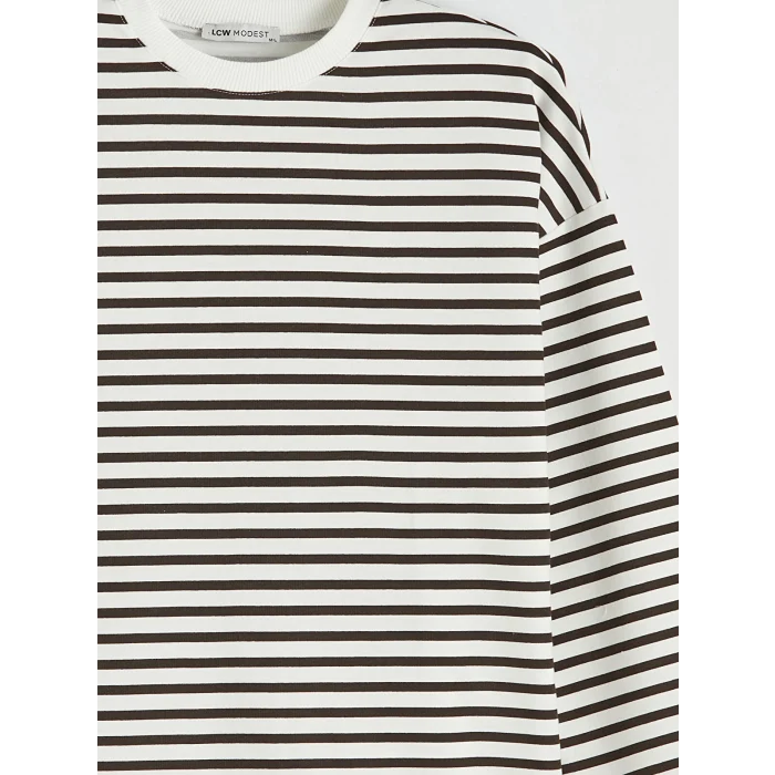 LCW Modest Kahverengi Çizgili Oversize Kadın Sweatshirt Tunik