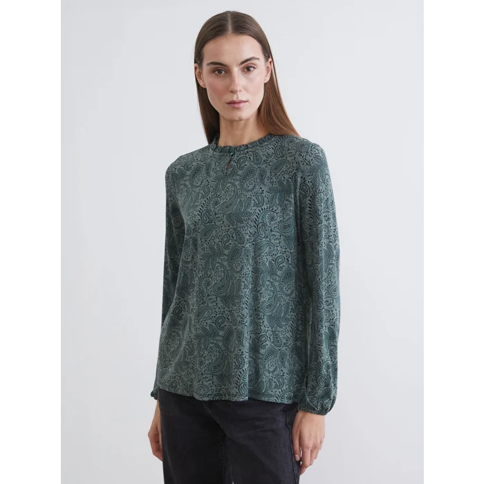 LCW Grace Yeşil Fırfırlı Dik Yaka Desenli Bluz