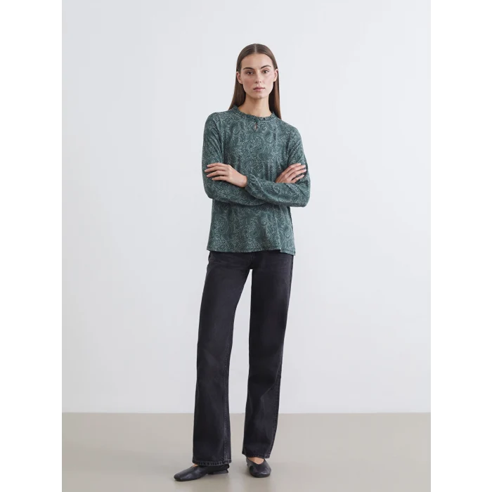 LCW Grace Yeşil Fırfırlı Dik Yaka Desenli Bluz