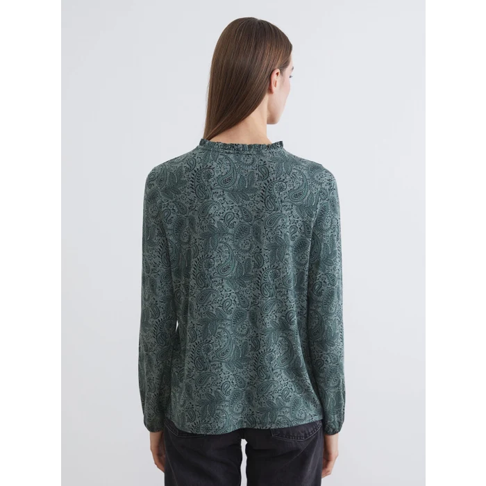 LCW Grace Yeşil Fırfırlı Dik Yaka Desenli Bluz